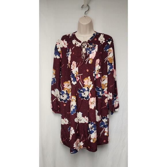 Old Navy Woman's Notched V-Neck Multi-Burgundy Floral Dress 3/4 Sleeve Size Lg - Picture 2 of 9